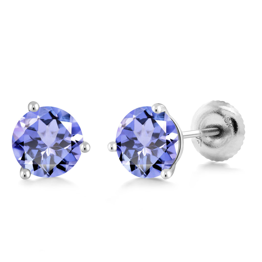 Tanzanite - December_18K White Gold 5MM Round Gemstone Birthstone 3 Prong Martini Screw Back Stud Earrings | Gold Earrings For Women Men