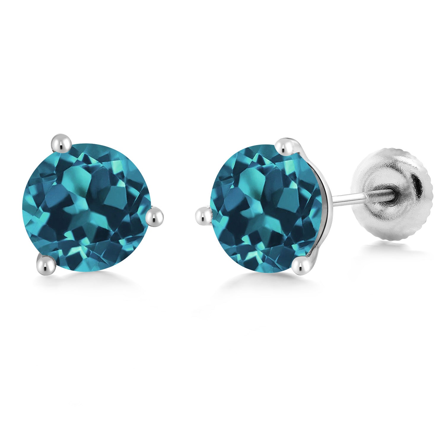 18K White Gold London Blue Topaz 3 Prong Martini Screw Back Stud Earrings For Women Men (2.66 Ct Gemstone Birthstone Round 6.5MM)