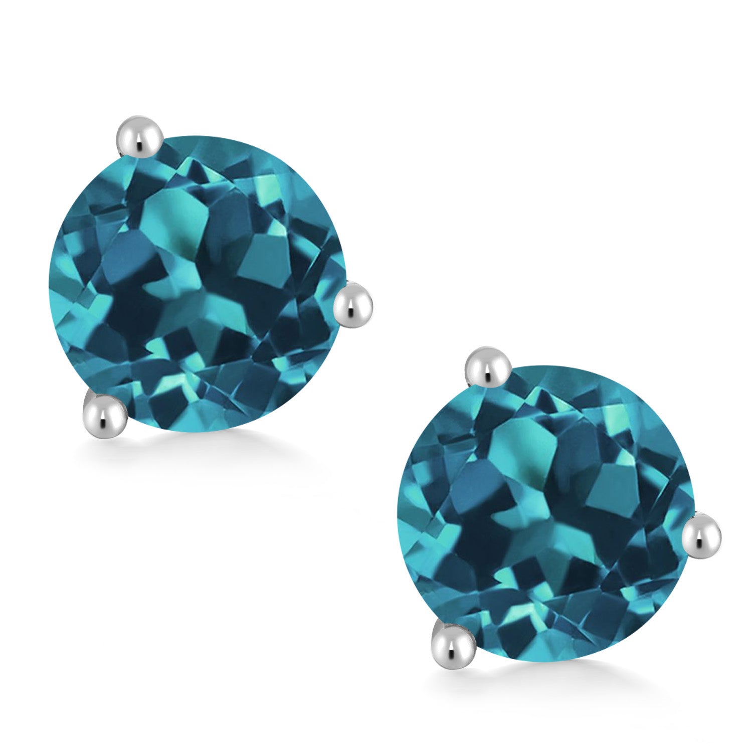 18K White Gold London Blue Topaz 3 Prong Martini Screw Back Stud Earrings For Women Men (2.66 Ct Gemstone Birthstone Round 6.5MM)