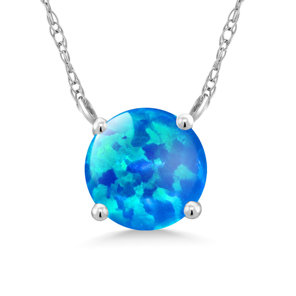 Blue Simulated Opal - October_Necklace in 18K White Gold