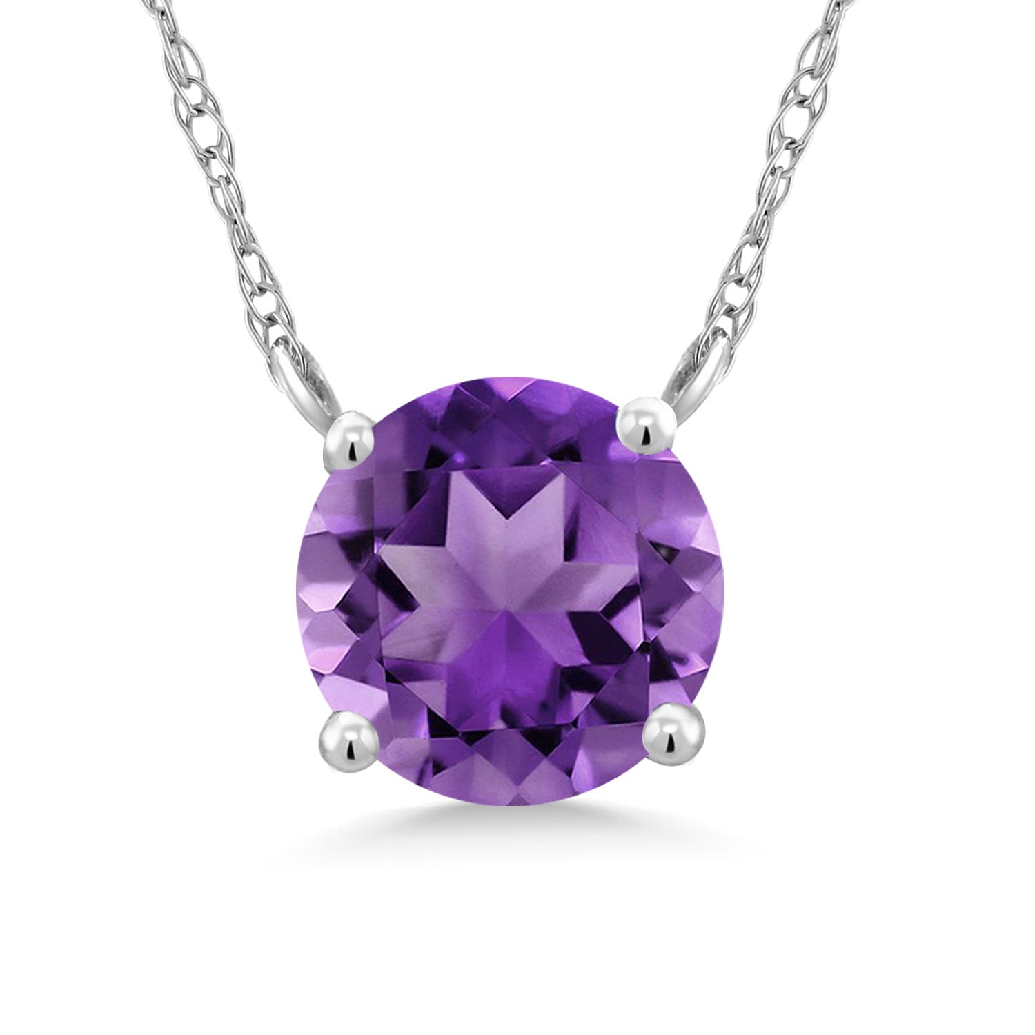 18K White Gold Purple Amethyst Pendant Necklace For Women (1.00 Ct, 6MM Round Gemstone Birthstone with 18 inch Chain)