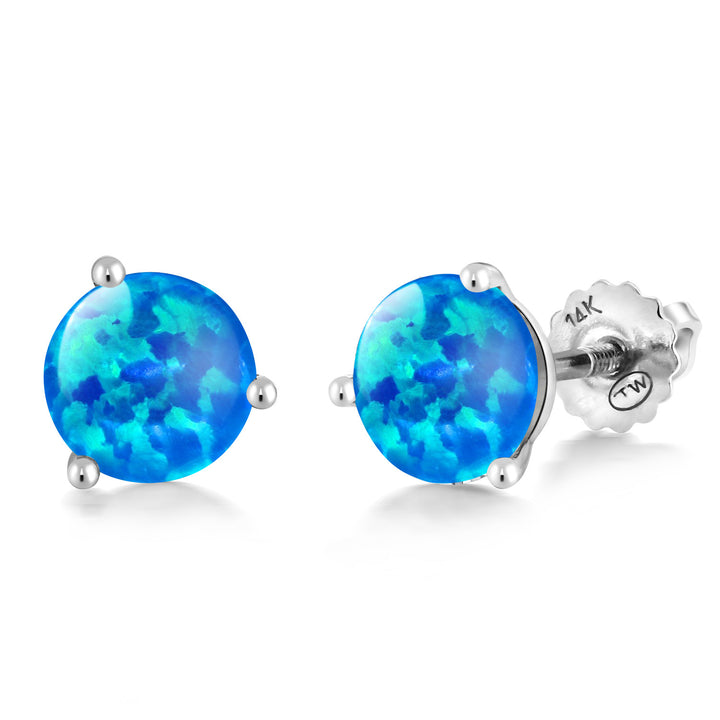 Blue Simulated Opal - October_Earrings in 14K White Gold