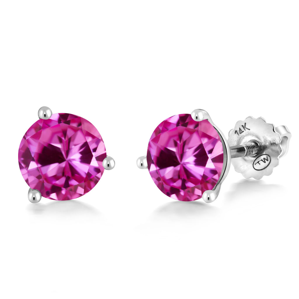 Pink Created Sapphire - September_Earrings in 14K White Gold