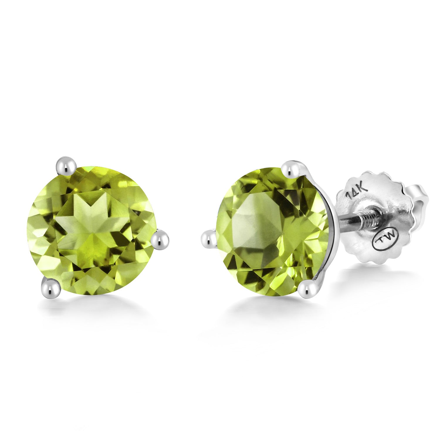 14K White Gold Green Peridot Three-Prong Martini Stud Earrings For Women Men (2.90 Cttw, Round 7MM)