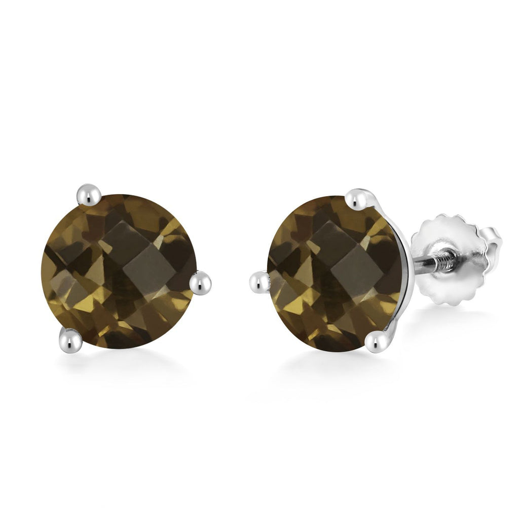 Smoky Quartz - Checkerboard_Earrings in 14K White Gold