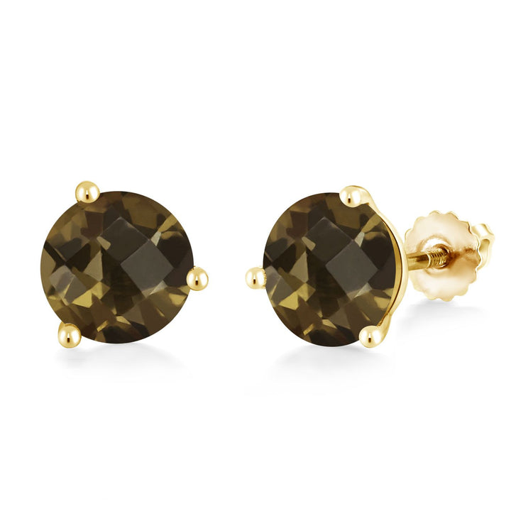Smoky Quartz - Checkerboard_Earrings in 14K Yellow Gold