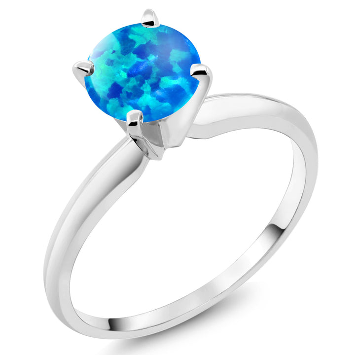 14K White Gold Blue Opal Solitaire Engagement 4-Prong Ring For Women | 0.75 Cttw | Round 6MM | Gemstone October Birthstone | Available In Size 5, 6, 7, 8, 9