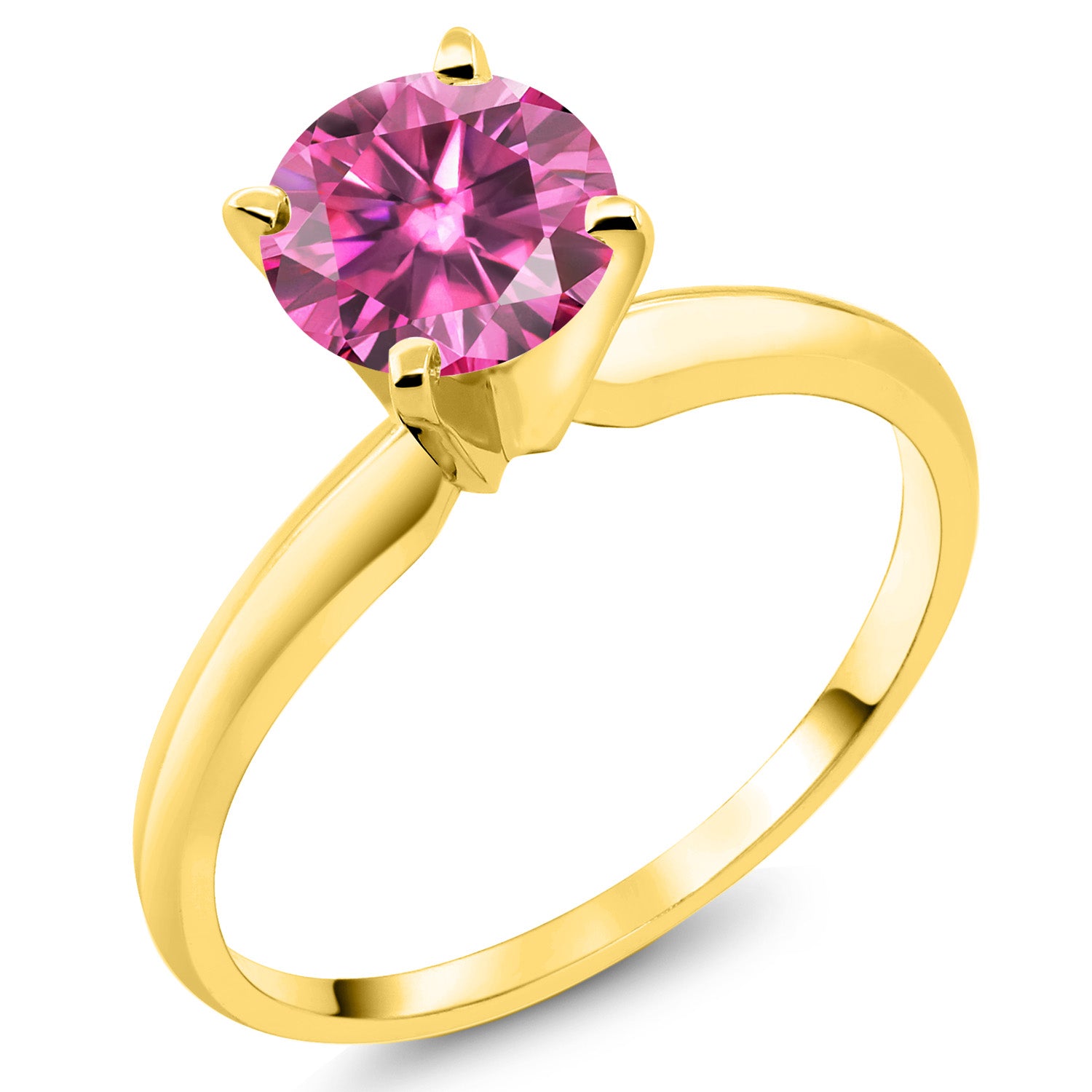 14K Yellow Gold Pink Moissanite Solitaire Engagement 4-Prong Ring For Women | 0.80 Cttw | Round 6MM | Gemstone April Birthstone | Available In Size 5, 6, 7, 8, 9