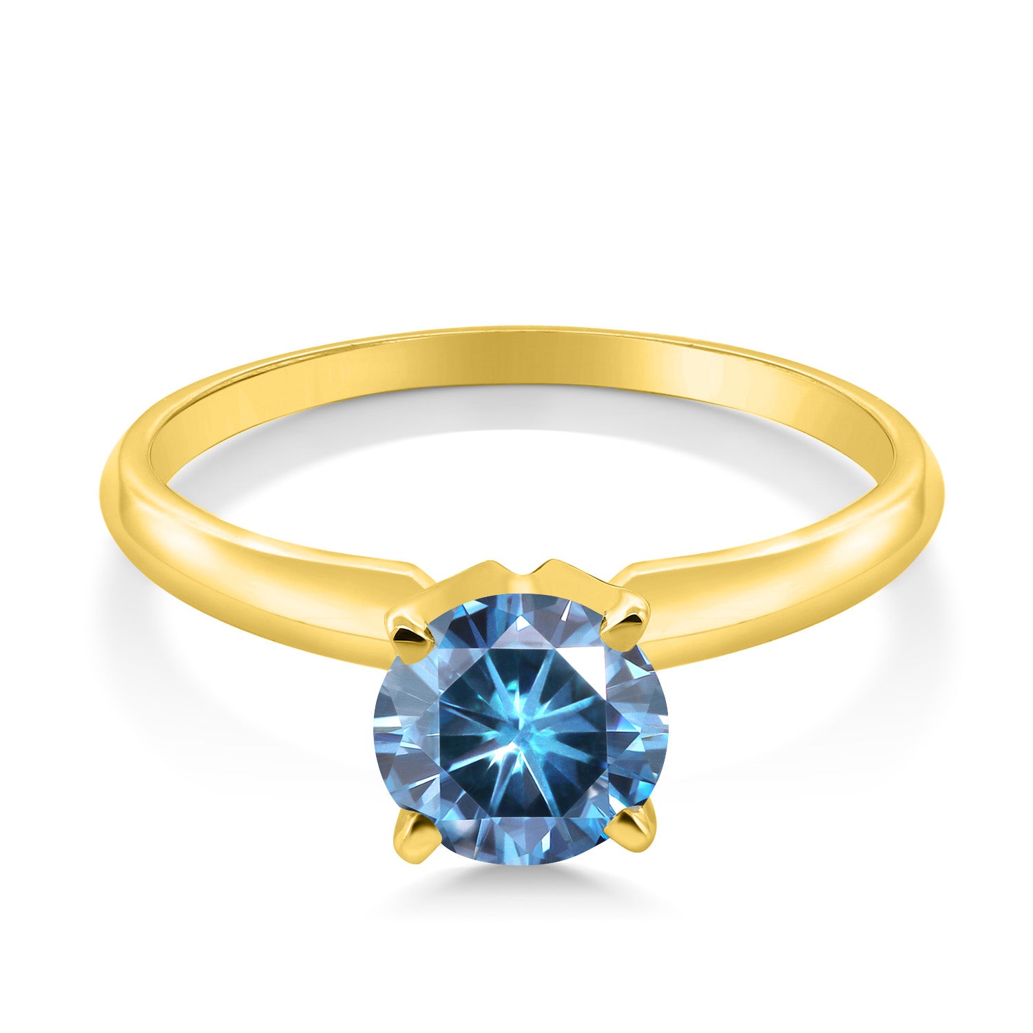 14K Yellow Gold Persian Blue Moissanite Solitaire Engagement 4-Prong Ring For Women | 0.80 Cttw | Round 6MM | Gemstone April Birthstone | Available In Size 5, 6, 7, 8, 9