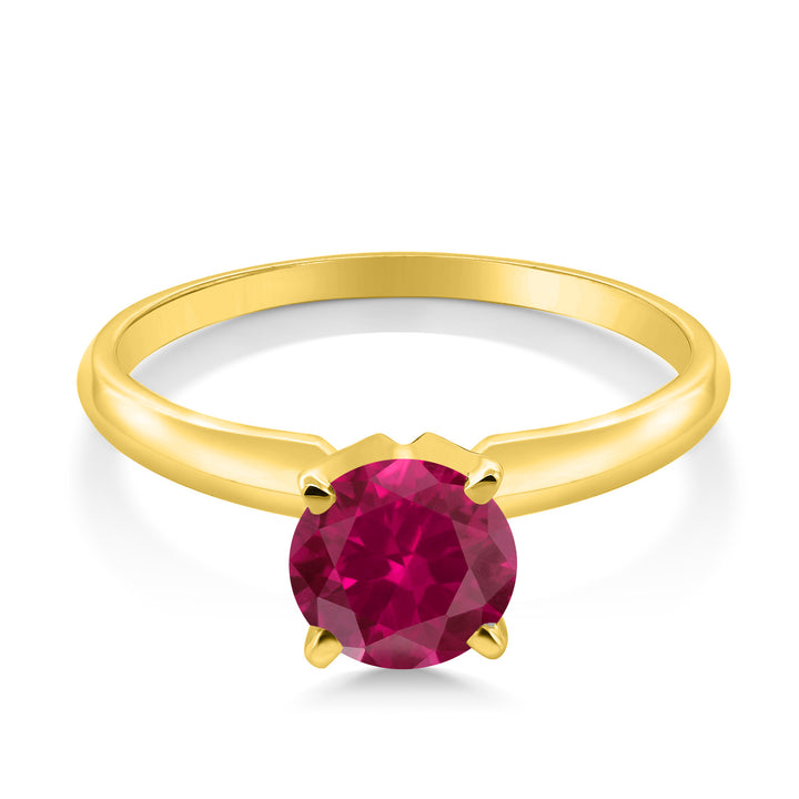 14K Yellow Gold Red Created Ruby Solitaire Engagement 4-Prong Ring For Women | 1.00 Cttw | Round 6MM | Gemstone July Birthstone | Available In Size 5, 6, 7, 8, 9