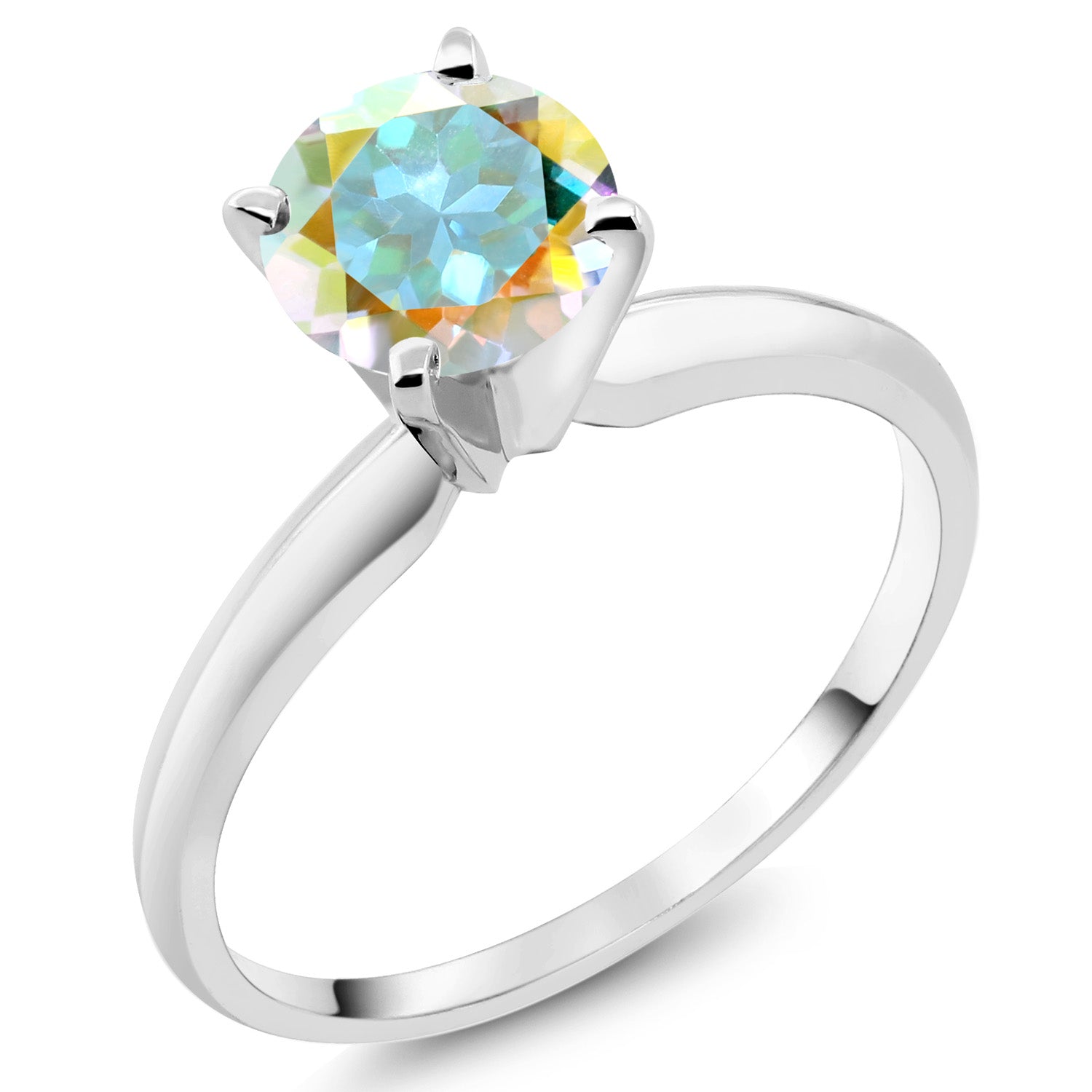 14K White Gold Mercury Mist Mystic Topaz Solitaire Engagement 4-Prong Ring For Women | 1.00 Cttw | Round 6MM | Gemstone Birthstone | Available In Size 5, 6, 7, 8, 9