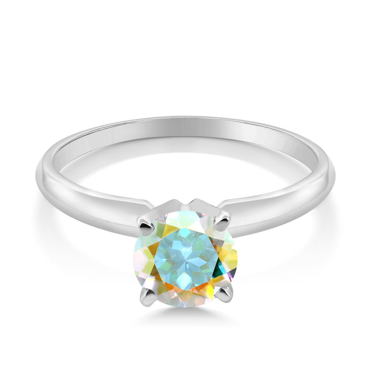 14K White Gold Mercury Mist Mystic Topaz Solitaire Engagement 4-Prong Ring For Women | 1.00 Cttw | Round 6MM | Gemstone Birthstone | Available In Size 5, 6, 7, 8, 9