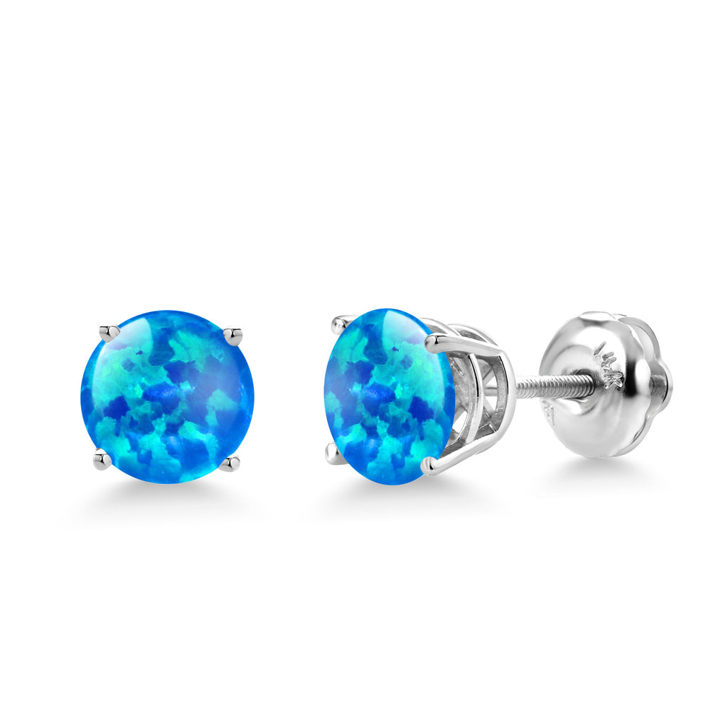 Blue Simulated Opal - October_Earrings in 14K White Gold