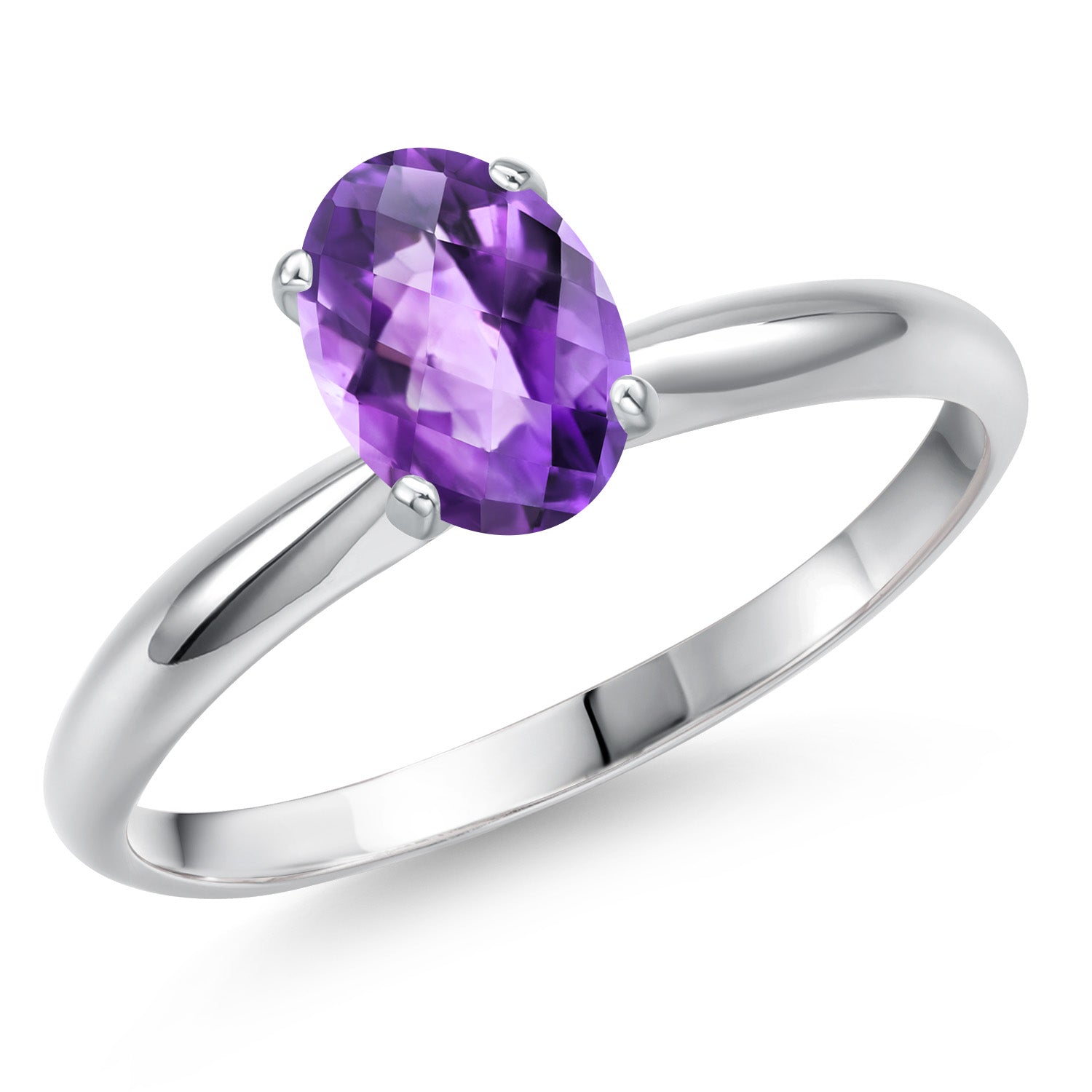 14K White Gold Purple Amethyst Solitaire Engagement Ring For Women | 0.75 Cttw | Oval Checkerboard 7X5MM | Gemstone February Birthstone | Available in Size 5,6,7,8,9