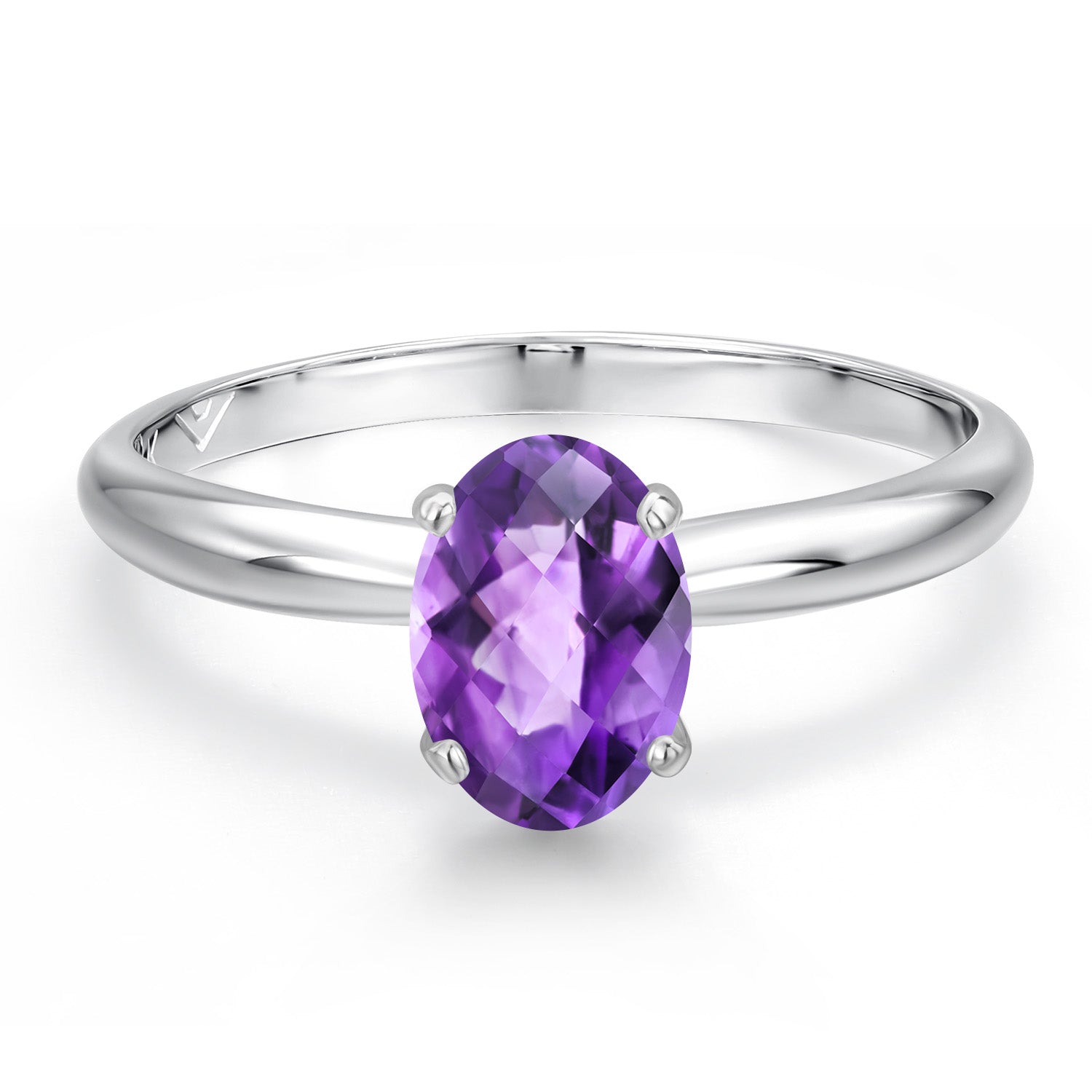 14K White Gold Purple Amethyst Solitaire Engagement Ring For Women | 0.75 Cttw | Oval Checkerboard 7X5MM | Gemstone February Birthstone | Available in Size 5,6,7,8,9