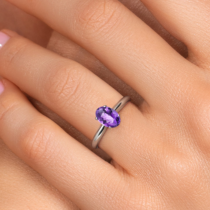 14K White Gold Purple Amethyst Solitaire Engagement Ring For Women | 0.75 Cttw | Oval Checkerboard 7X5MM | Gemstone February Birthstone | Available in Size 5,6,7,8,9