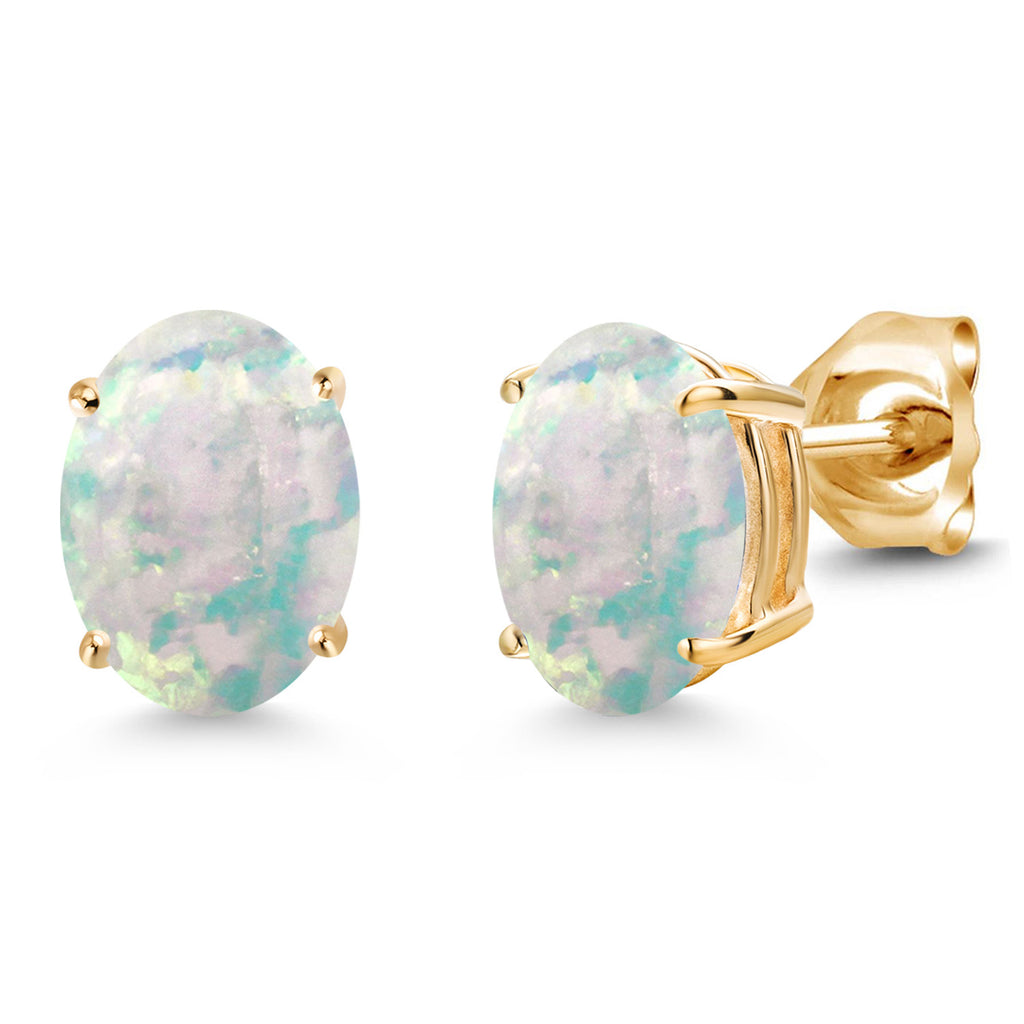 White Opal-Cabochon - October_Earrings in 14K Yellow Gold