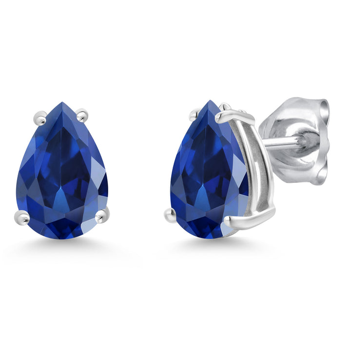 Blue Created Sapphire - September_Earrings in 14K White Gold