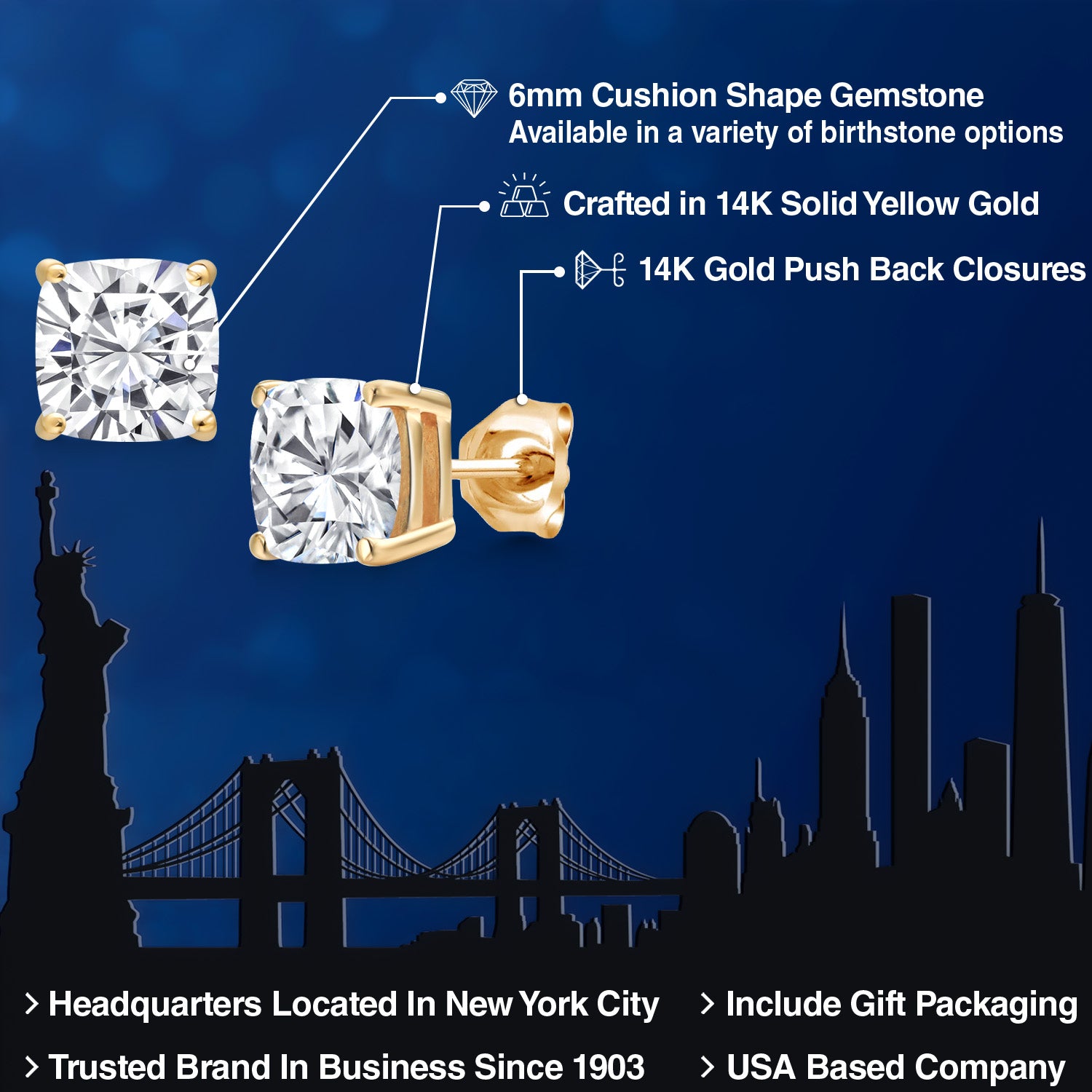 2.40 Cttw 14K Yellow Gold Asscher Cut 6MM White Moissanite Double Notch Stud Earrings | Gold Earrings For Women Men