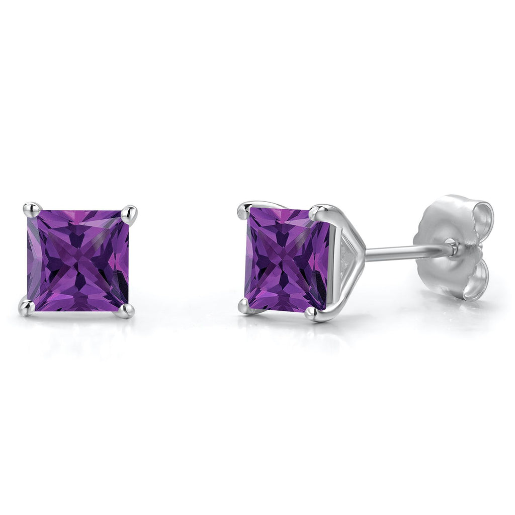 Gem Stone King 14K White Gold 5MM Princess Gemstone Birthstone Stud Earrings | Double Notch | Gold Earrings For Women Men