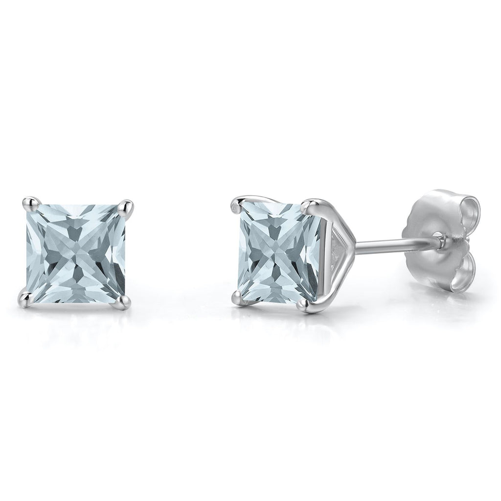 Gem Stone King 14K White Gold 5MM Princess Gemstone Birthstone Stud Earrings | Double Notch | Gold Earrings For Women Men