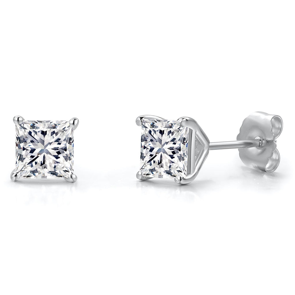 Gem Stone King 14K White Gold 5MM Princess Gemstone Birthstone Stud Earrings | Double Notch | Gold Earrings For Women Men