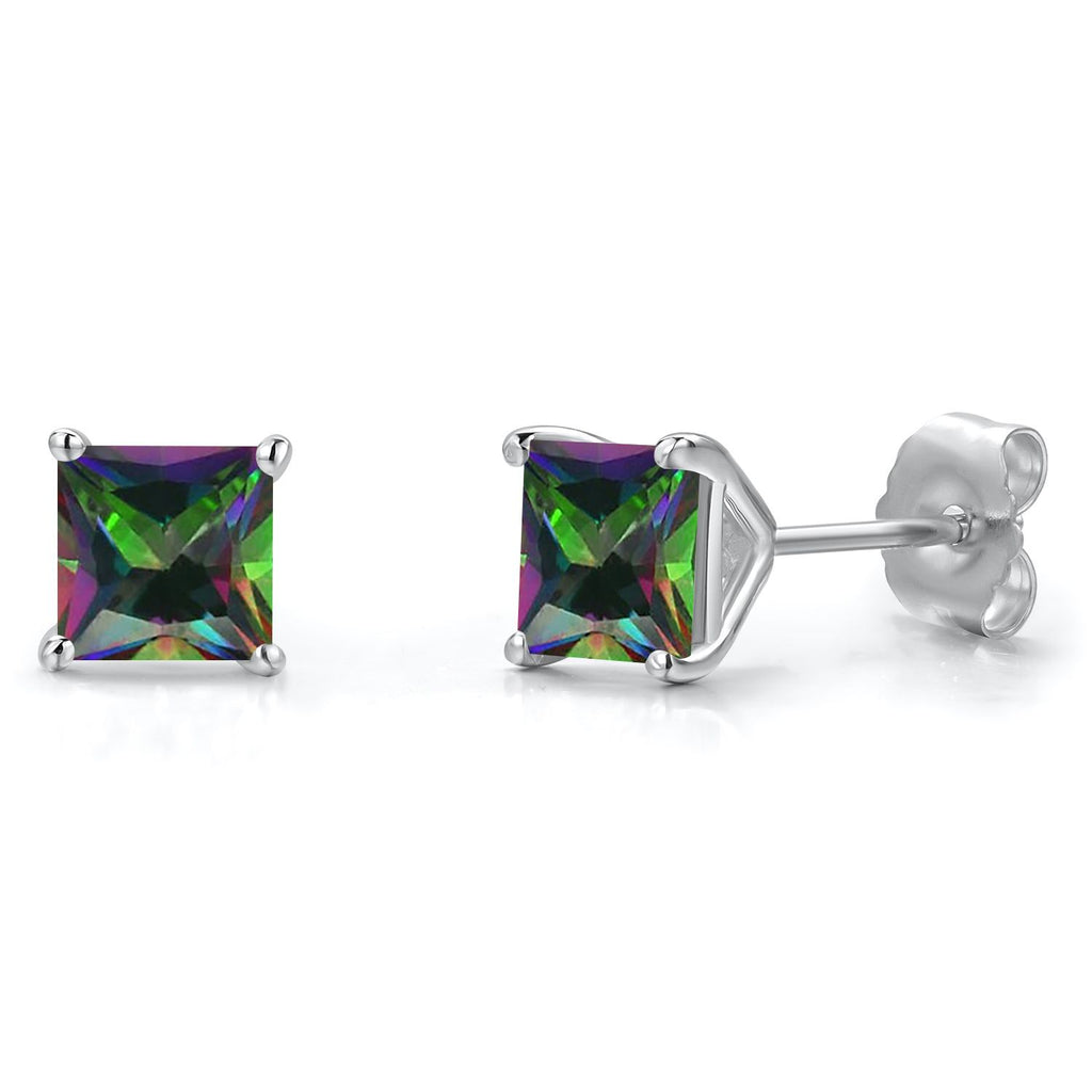 Gem Stone King 14K White Gold 5MM Princess Gemstone Birthstone Stud Earrings | Double Notch | Gold Earrings For Women Men