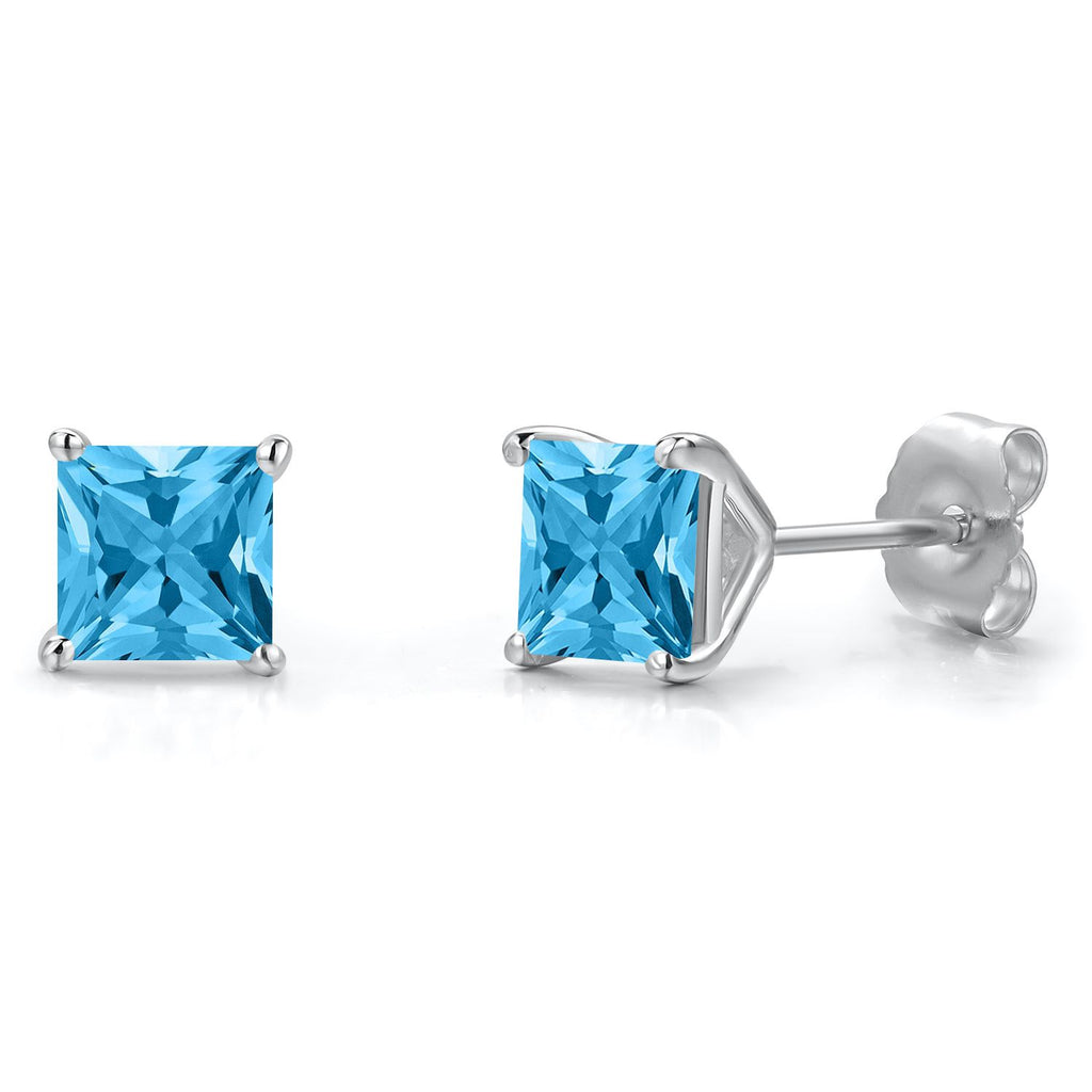 Gem Stone King 14K White Gold 5MM Princess Gemstone Birthstone Stud Earrings | Double Notch | Gold Earrings For Women Men