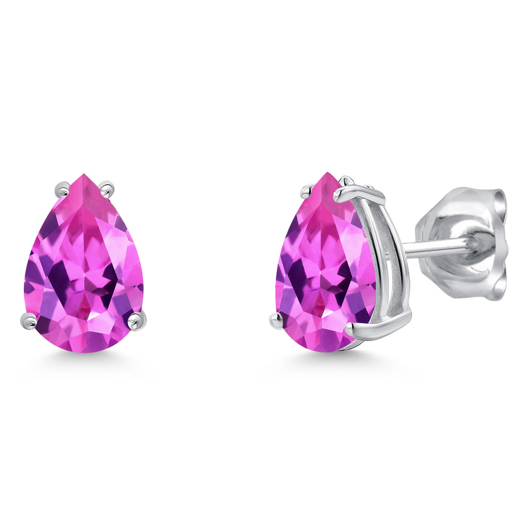 Pink Created Sapphire - September_Earrings in 14K White Gold