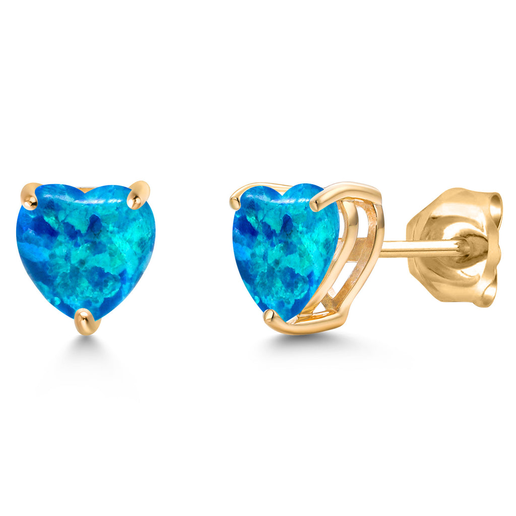 Blue Simulated Opal-Cabochon - October_Earrings in 14K Yellow Gold