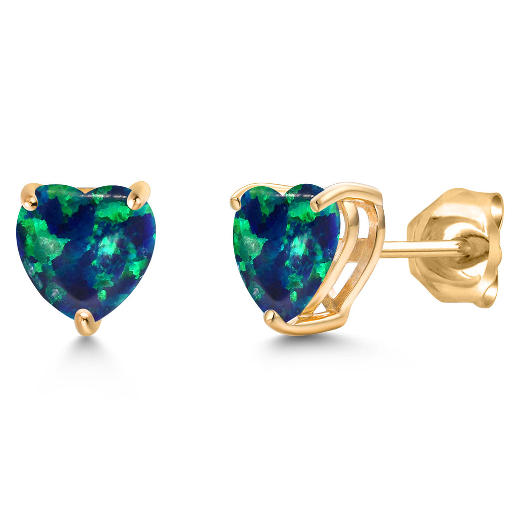 Green Simulated Opal-Cabochon - October_Earrings in 14K Yellow Gold