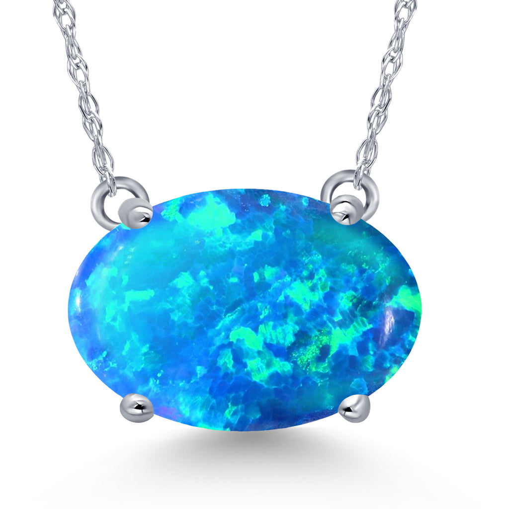 Blue Simulated Opal-Cabochon - October_Pendant in 14K White Gold