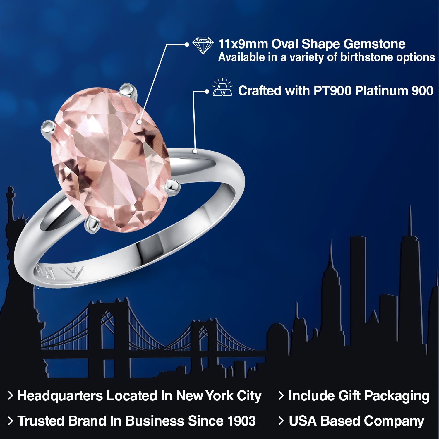 900 Platinum Peach Nano Morganite Solitaire Engagement Ring For Women | 3.88 Cttw | Oval 11X9MM | Gemstone October Birthstone | Available in Size 5,6,7,8,9