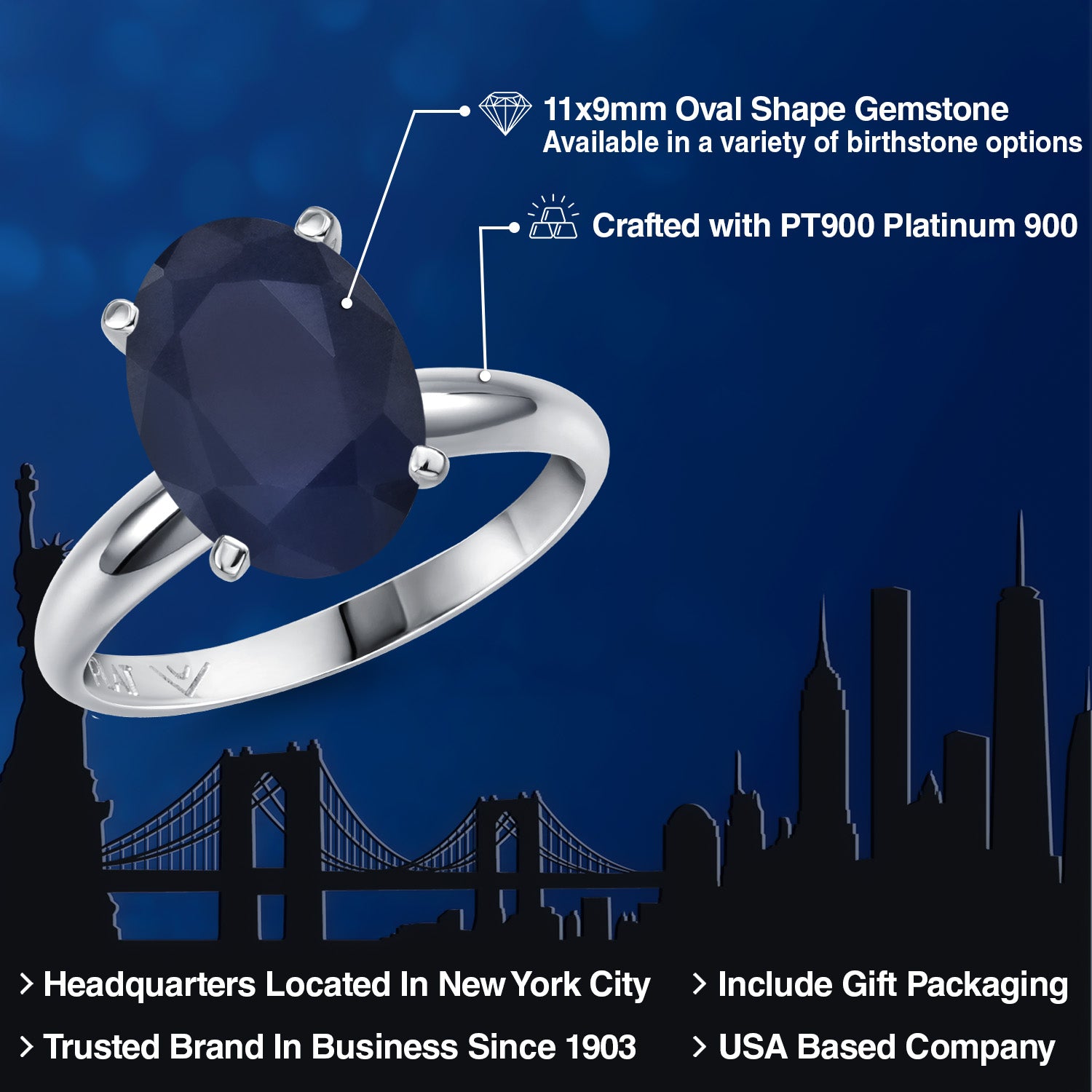 900 Platinum Blue Sapphire Solitaire Engagement Ring For Women | 4.50 Cttw | Oval 11X9MM | Gemstone September Birthstone | Available in Size 5,6,7,8,9