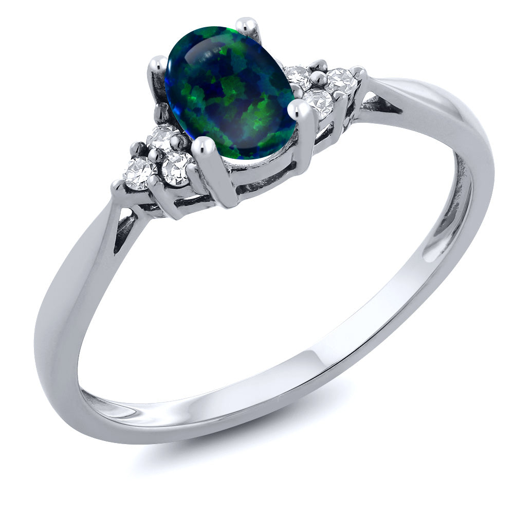 Green Simulated Opal-Cabochon - October_9_Ring in 14K White Gold