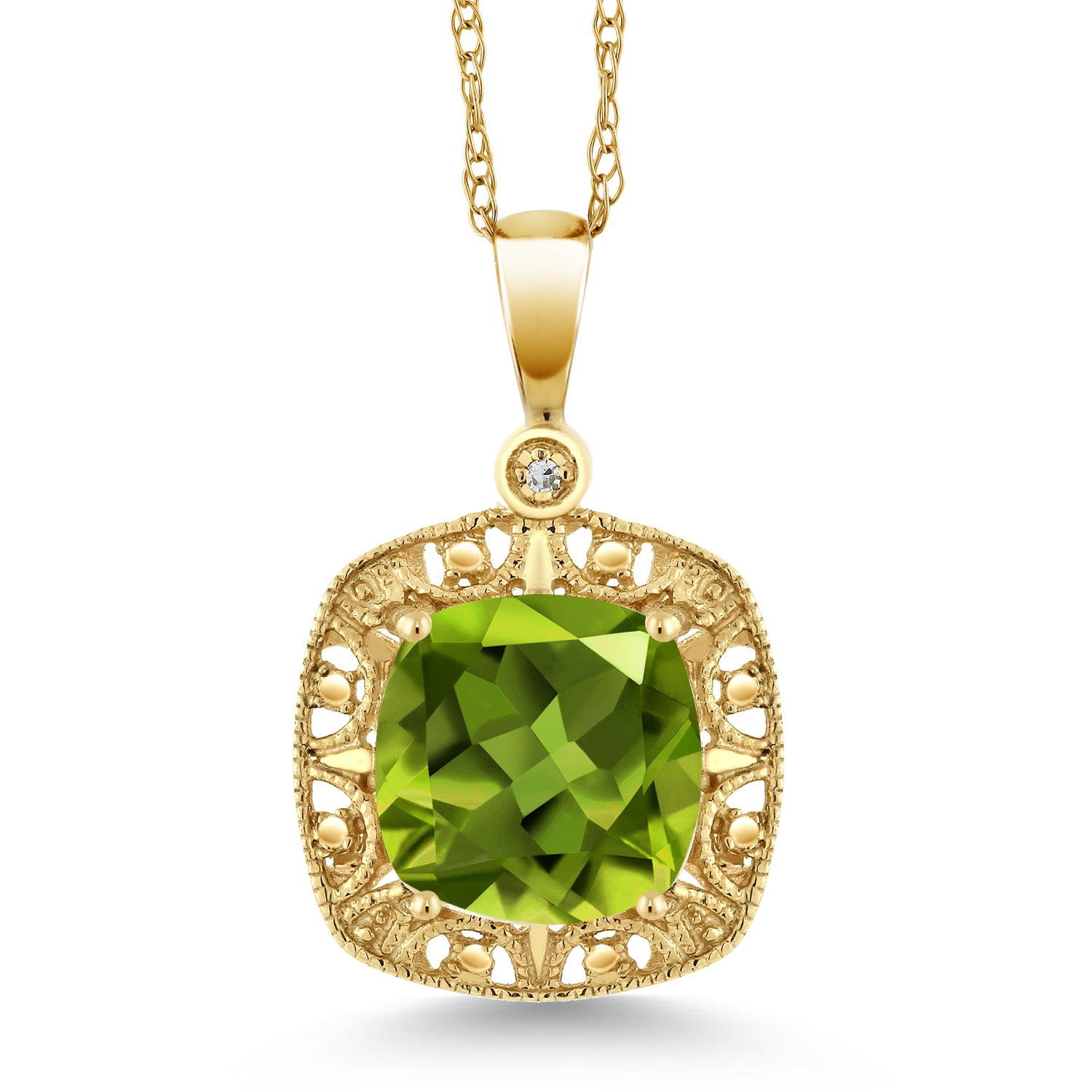 10K Yellow Gold Cushion Green Peridot and Diamond Accent Pendant Necklace For Women (2.45 Cttw, 8MM Center)