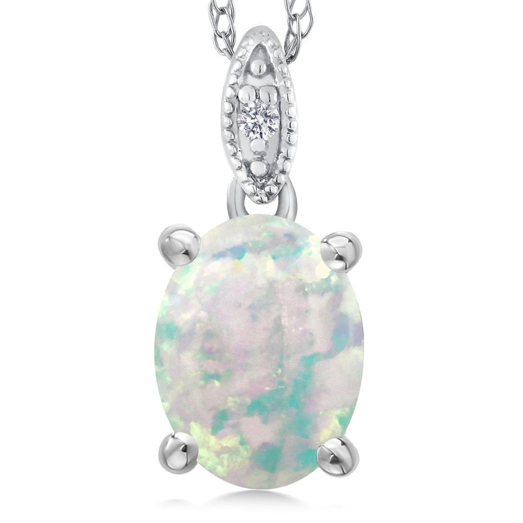Gem Stone King 10K White Gold Oval 9X7MM Gemstone Birthstone and Diamond Pendant Necklace For Women with 18 Inch Gold Chain