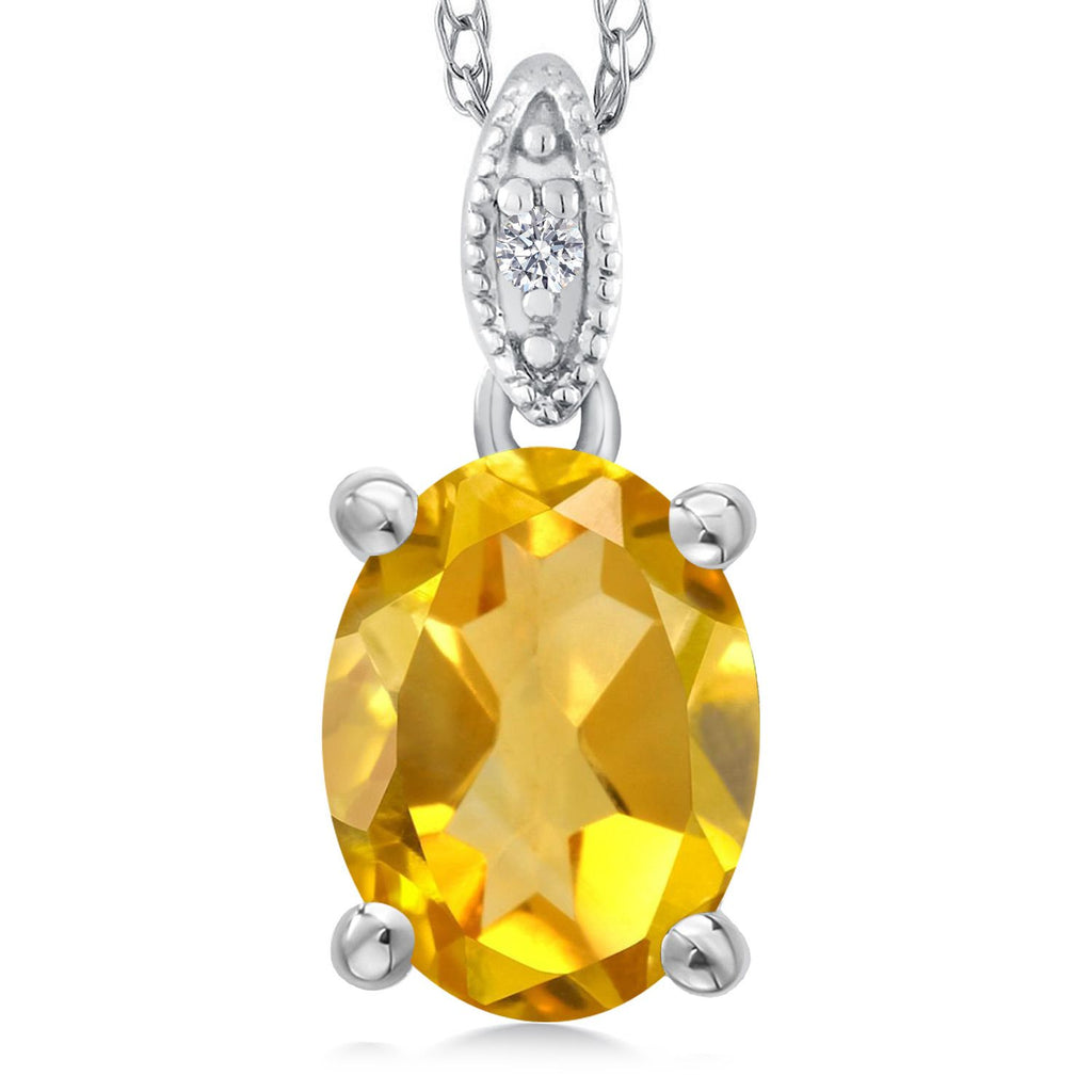 Gem Stone King 10K White Gold Oval 9X7MM Gemstone Birthstone and Diamond Pendant Necklace For Women with 18 Inch Gold Chain
