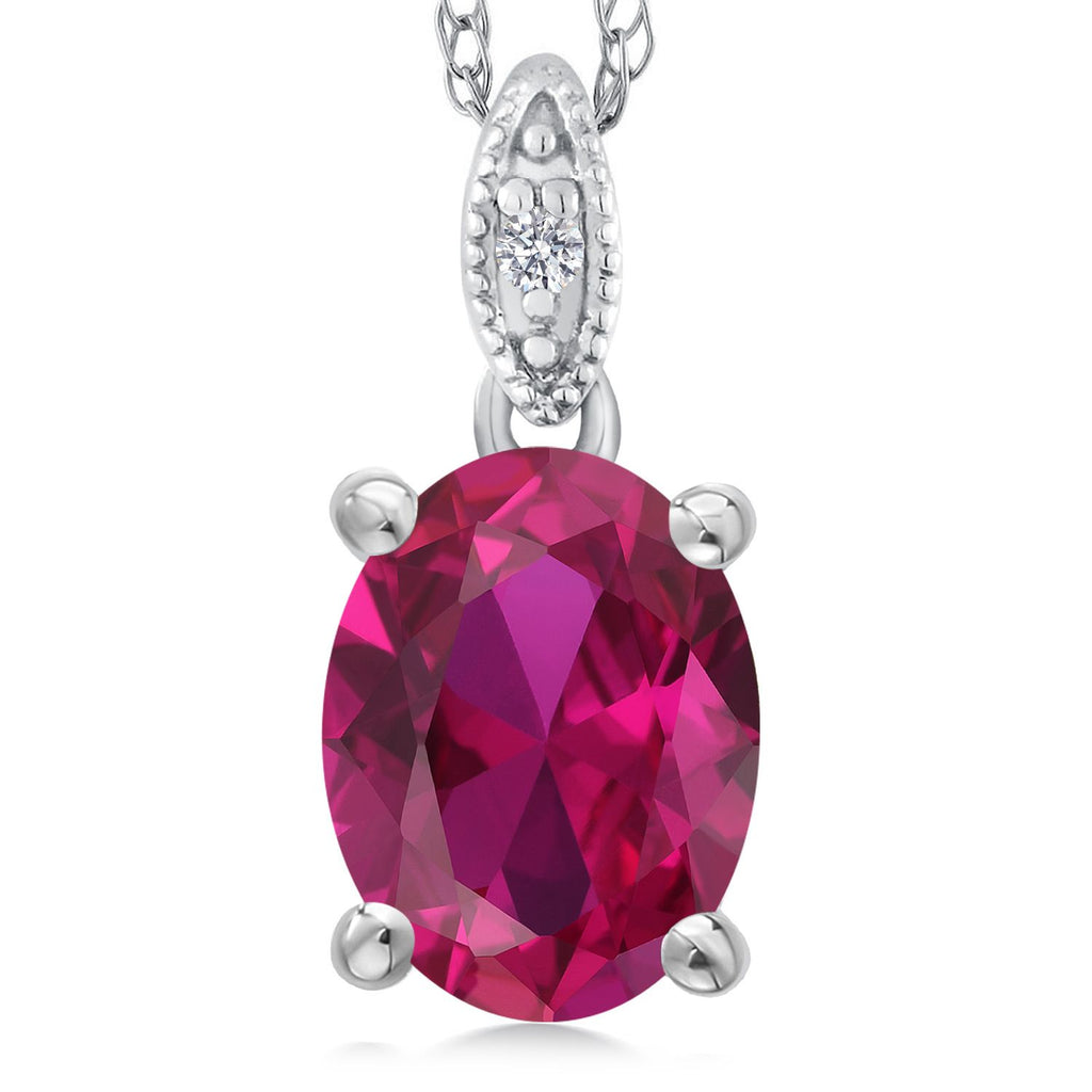 Gem Stone King 10K White Gold Oval 9X7MM Gemstone Birthstone and Diamond Pendant Necklace For Women with 18 Inch Gold Chain