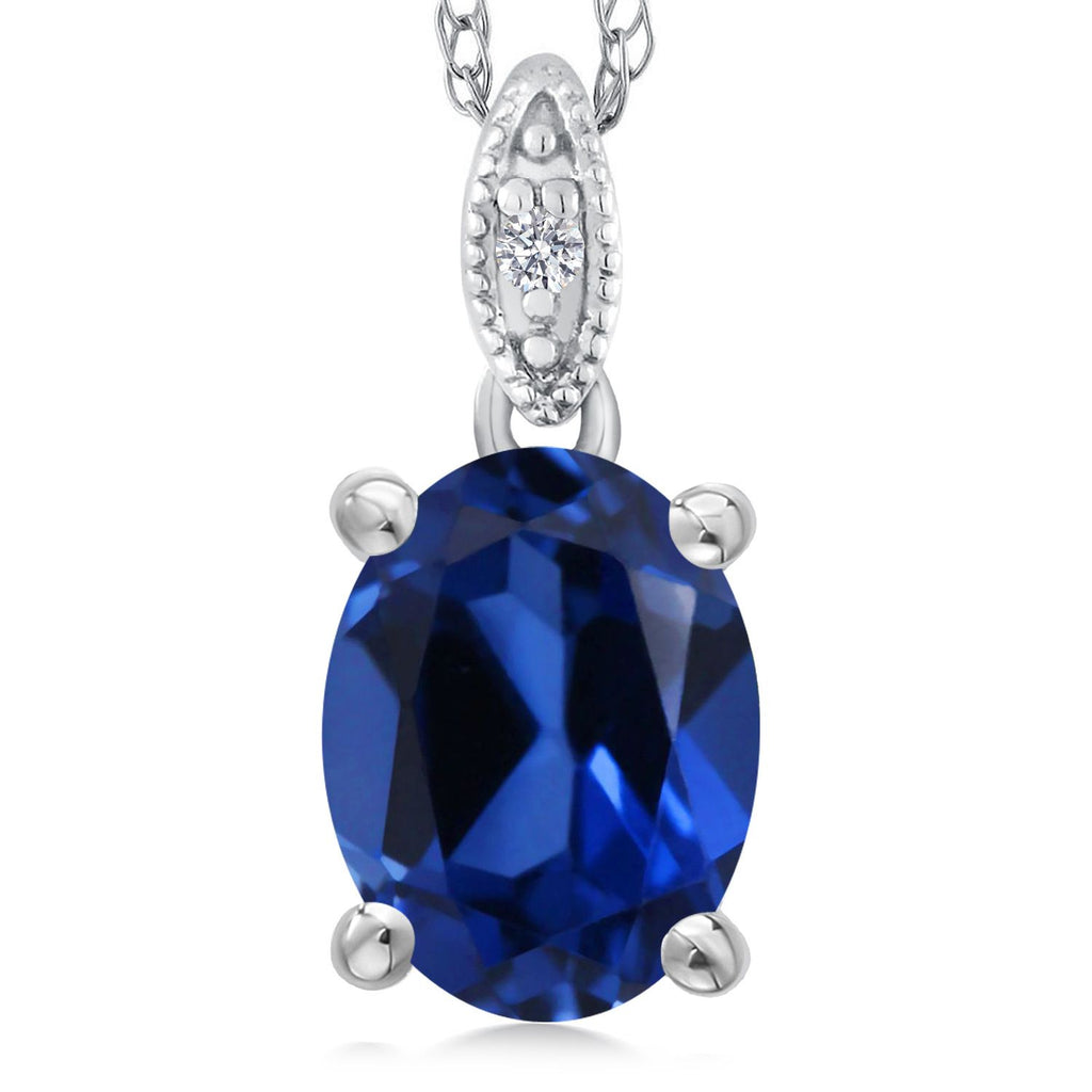 Gem Stone King 10K White Gold Oval 9X7MM Gemstone Birthstone and Diamond Pendant Necklace For Women with 18 Inch Gold Chain