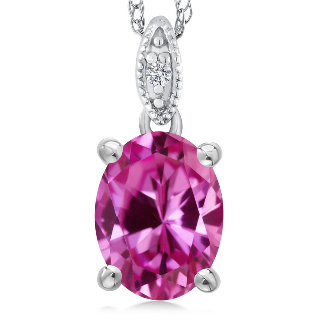 Gem Stone King 10K White Gold Oval 9X7MM Gemstone Birthstone and Diamond Pendant Necklace For Women with 18 Inch Gold Chain