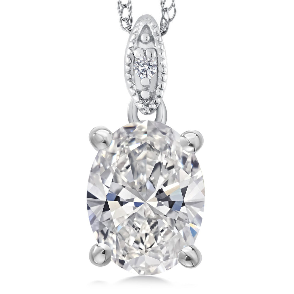 Gem Stone King 10K White Gold Oval 9X7MM Gemstone Birthstone and Diamond Pendant Necklace For Women with 18 Inch Gold Chain