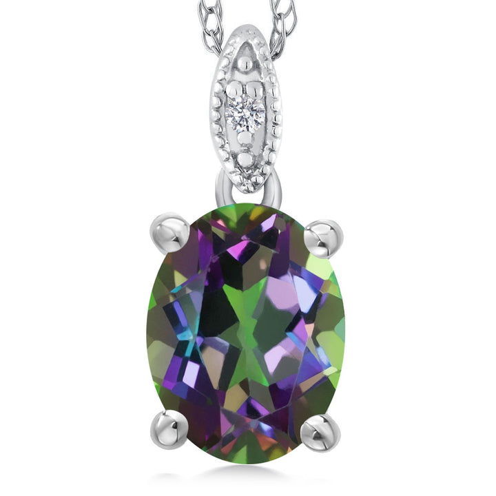Gem Stone King 10K White Gold Oval 9X7MM Gemstone Birthstone and Diamond Pendant Necklace For Women with 18 Inch Gold Chain