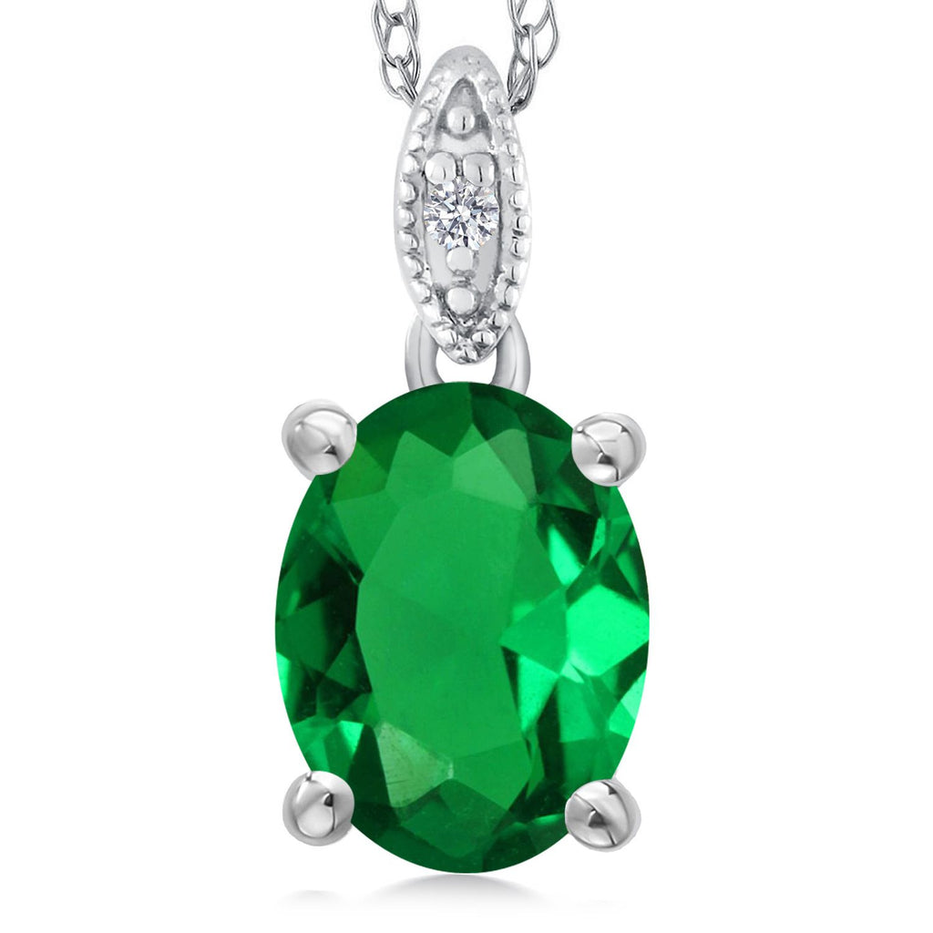 Gem Stone King 10K White Gold Oval 9X7MM Gemstone Birthstone and Diamond Pendant Necklace For Women with 18 Inch Gold Chain