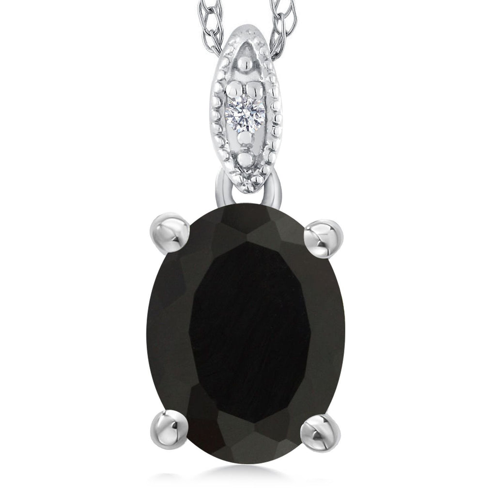 Gem Stone King 10K White Gold Oval 9X7MM Gemstone Birthstone and Diamond Pendant Necklace For Women with 18 Inch Gold Chain