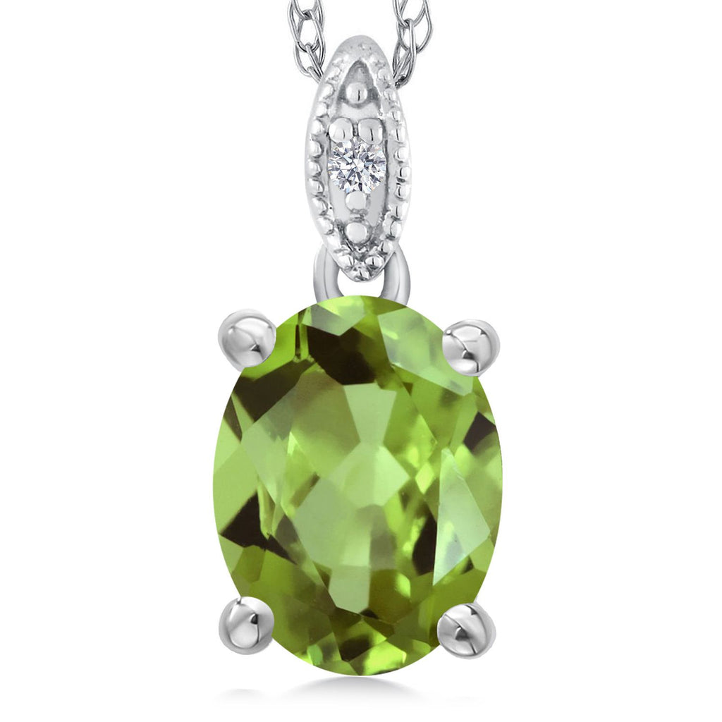 Gem Stone King 10K White Gold Oval 9X7MM Gemstone Birthstone and Diamond Pendant Necklace For Women with 18 Inch Gold Chain