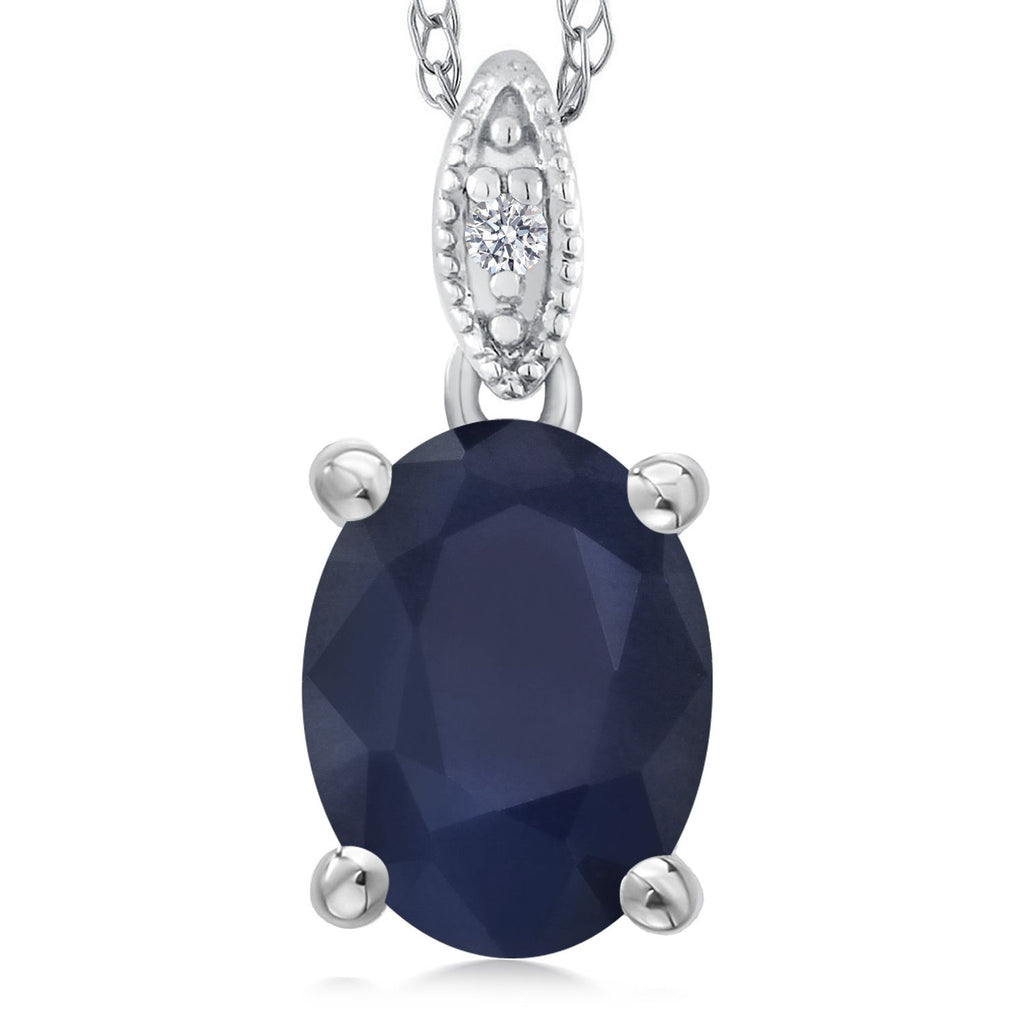 Gem Stone King 10K White Gold Oval 9X7MM Gemstone Birthstone and Diamond Pendant Necklace For Women with 18 Inch Gold Chain