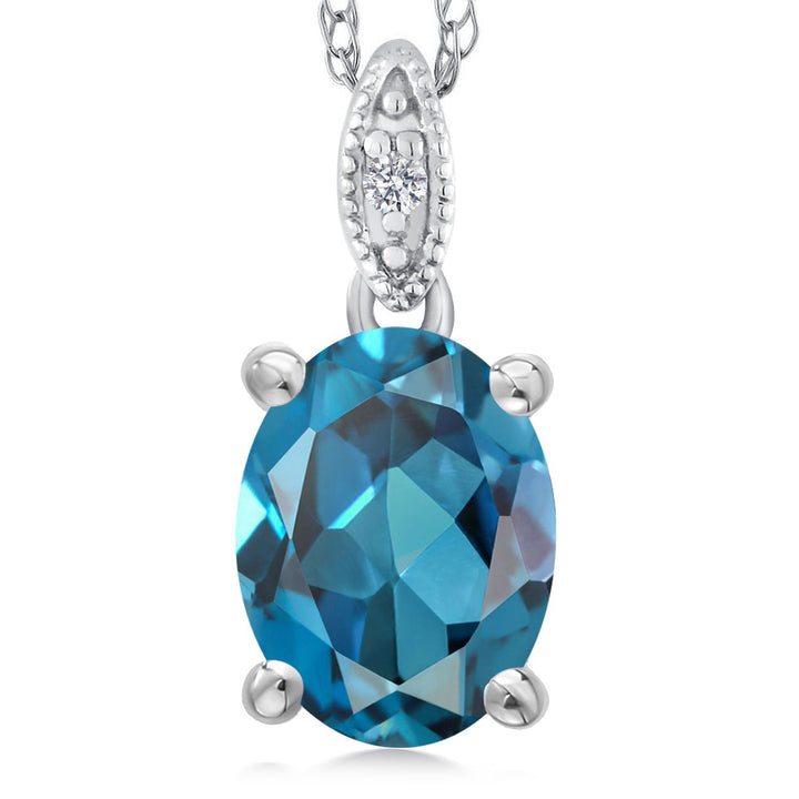 Gem Stone King 10K White Gold Oval 9X7MM Gemstone Birthstone and Diamond Pendant Necklace For Women with 18 Inch Gold Chain