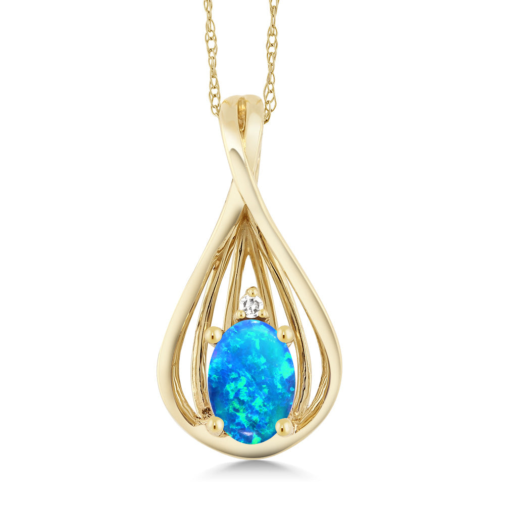 Blue Simulated Opal-Cabochon - October_Pendant in 10K Yellow Gold