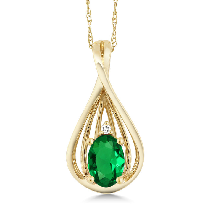 10K Yellow Gold Green Nano Emerald and White Diamond Teardrop Pendant Necklace For Women (0.40 Cttw, Gemstone May Birthstone, Oval 6X4MM, with 18 Inch Chain)